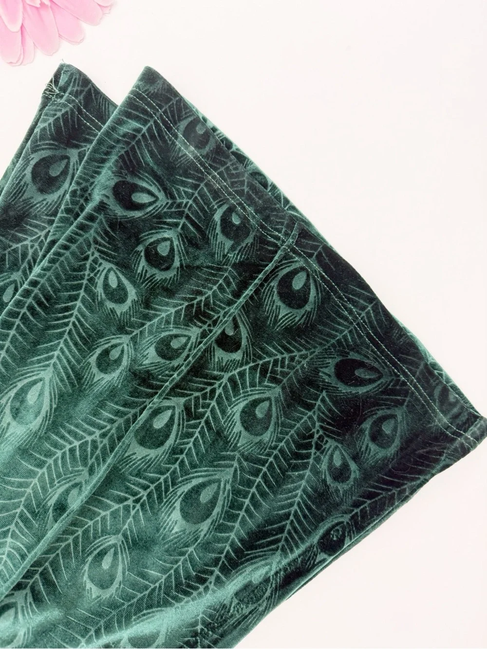 Unique Vintage Green Velvet Two (2) Piece Set Peacock Print Tunic Flare Suit